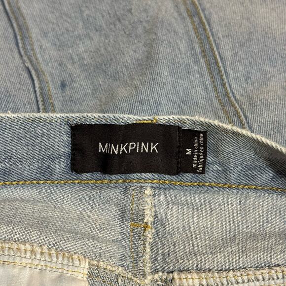 Mink Pink Denim Mini Skirt Button Front Mini Size Medium Light Wash Frayed Hem - Picture 6 of 6